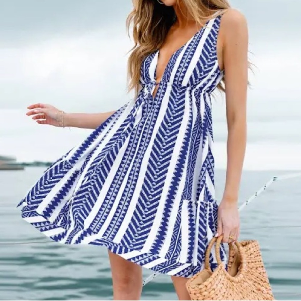 Blue & White Boho Striped Plunging Mini Dress nwt medium